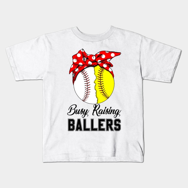 Busy Raising Ballers Red Bow Softball Baseball Kids T-Shirt by Vigo